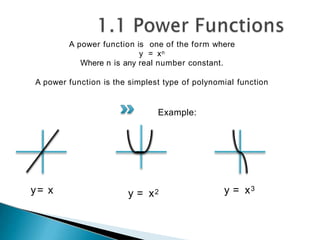 A power function is one of the form where
y = xn
Where n is any real number constant.
A power function is the simplest type of polynomial function
Example:
y= x y = x2 y = x3
 