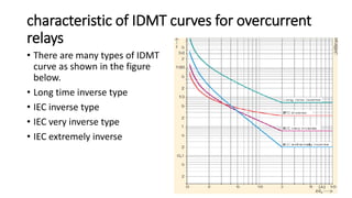 characteristic of IDMT curves for overcurrent
relays
• There are many types of IDMT
curve as shown in the figure
below.
• Long time inverse type
• IEC inverse type
• IEC very inverse type
• IEC extremely inverse
 