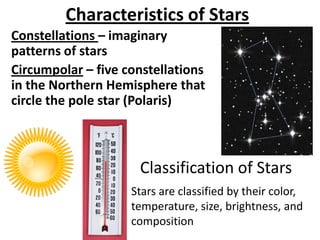 Characteristics of Stars
Constellations – imaginary
patterns of stars
Circumpolar – five constellations
in the Northern Hemisphere that
circle the pole star (Polaris)
Classification of Stars
Stars are classified by their color,
temperature, size, brightness, and
composition
 