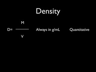 Density
       M
     ______
D=            Always in g/mL   Quantitative
       V
 