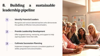 8. Building a sustainable
leadership pipeline
1 Identify Potential Leaders
Recognize and nurture talented teachers who demonstrate
the qualities of effective instructional leaders.
2 Provide Leadership Development
Offer targeted training, mentoring, and support to help
aspiring leaders hone their skills.
3 Cultivate Succession Planning
Implement strategies to ensure a consistent pipeline of
skilled, prepared instructional leaders.
 