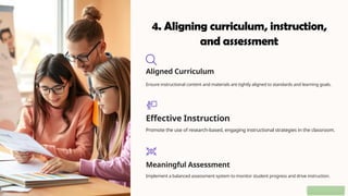 4. Aligning curriculum, instruction,
and assessment
Aligned Curriculum
Ensure instructional content and materials are tightly aligned to standards and learning goals.
Effective Instruction
Promote the use of research-based, engaging instructional strategies in the classroom.
Meaningful Assessment
Implement a balanced assessment system to monitor student progress and drive instruction.
 
