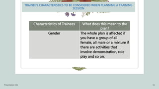 TRAINEE’S CHARACTERISTICS TO BE CONSIDERED WHEN PLANNING A TRAINING
SESSION
Characteristics of Trainees What does this mean to the
plan?
Gender The whole plan is affected if
you have a group of all
female, all male or a mixture if
there are activities that
involve demonstration, role
play and so on.
Presentation title 11
 