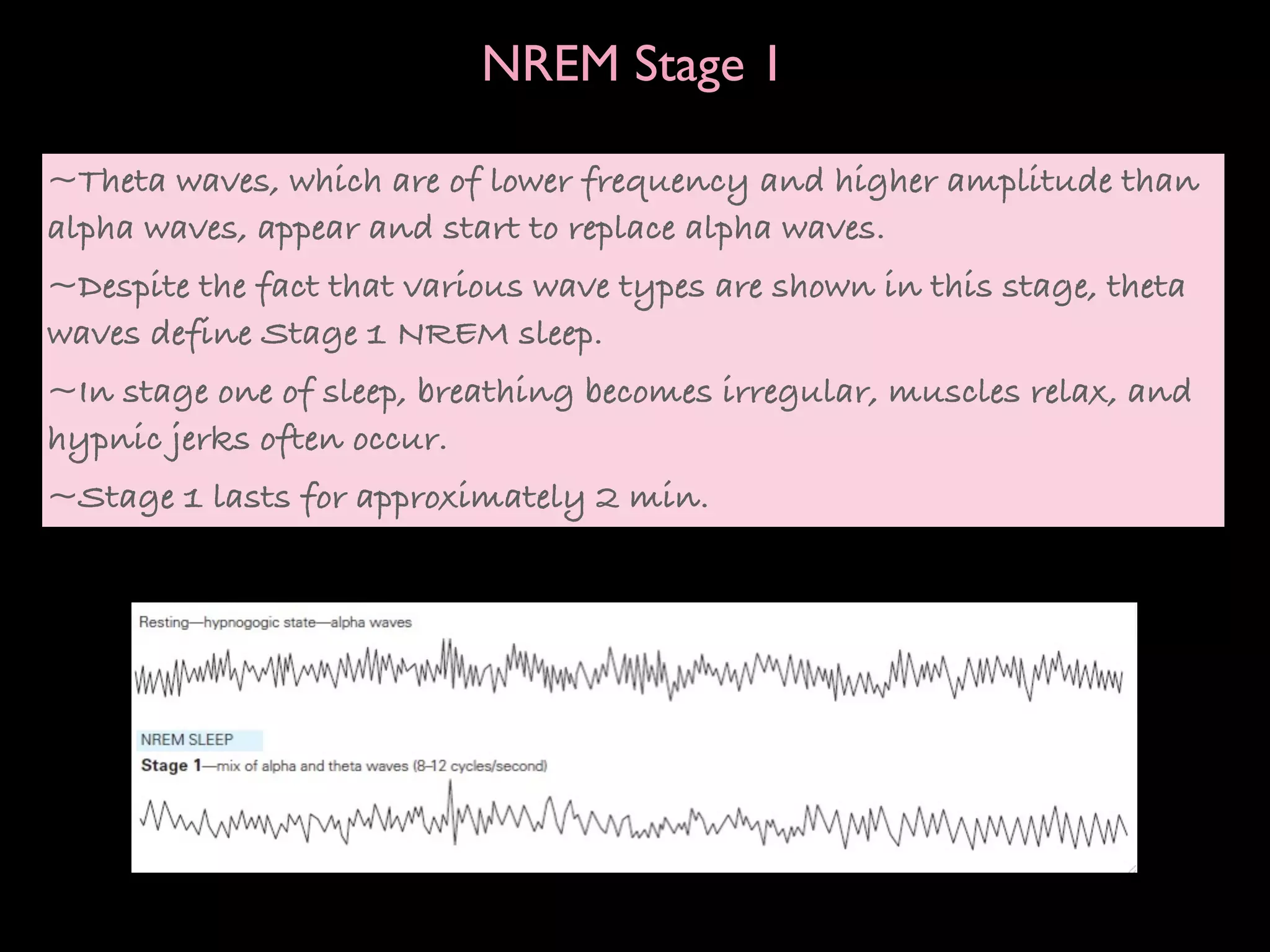 NREM Stage 1

~Theta waves, which are of lower frequency and higher amplitude than
alpha waves, appear and start to replace alpha waves.
~Despite the fact that various wave types are shown in this stage, theta
waves define Stage 1 NREM sleep.
~In stage one of sleep, breathing becomes irregular, muscles relax, and
hypnic jerks often occur.
~Stage 1 lasts for approximately 2 min.
 