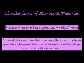 Limitations of Survival Theories

  Survival theories fail to explain why we MUST sleep


Survival theories state that sleeping offers security from
 predators, however the loss of awareness while asleep
               contradicts this statement.
 
