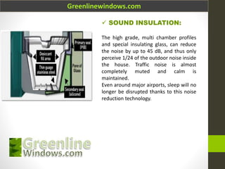 Greenlinewindows.com
 SOUND INSULATION:
The high grade, multi chamber profiles
and special insulating glass, can reduce
the noise by up to 45 dB, and thus only
perceive 1/24 of the outdoor noise inside
the house. Traffic noise is almost
completely muted and calm is
maintained.
Even around major airports, sleep will no
longer be disrupted thanks to this noise
reduction technology.
 