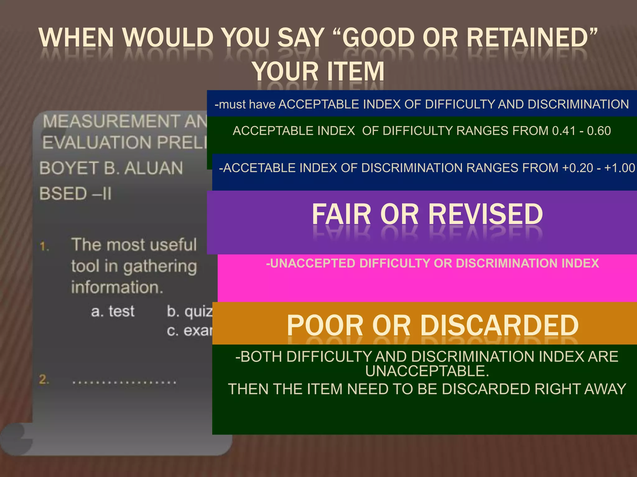 WHEN WOULD YOU SAY “GOOD OR RETAINED”
             YOUR ITEM
           -must have ACCEPTABLE INDEX OF DIFFICULTY AND DISCRIMINATION

             ACCEPTABLE INDEX OF DIFFICULTY RANGES FROM 0.41 - 0.60

           -ACCETABLE INDEX OF DISCRIMINATION RANGES FROM +0.20 - +1.00



                        FAIR OR REVISED
                  -UNACCEPTED DIFFICULTY OR DISCRIMINATION INDEX




                     POOR OR DISCARDED
             -BOTH DIFFICULTY AND DISCRIMINATION INDEX ARE
                            UNACCEPTABLE.
            THEN THE ITEM NEED TO BE DISCARDED RIGHT AWAY
 