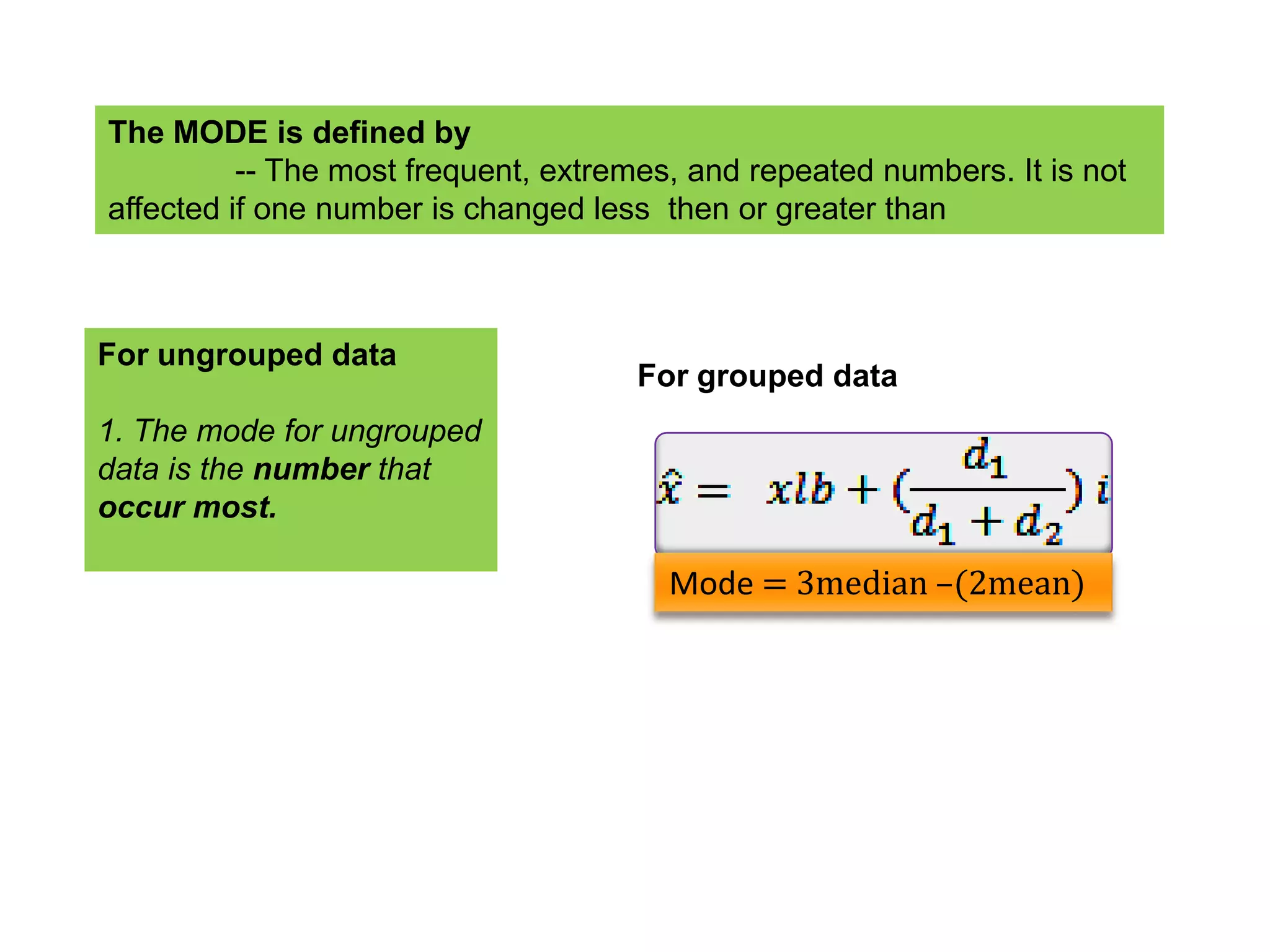 The MODE is defined by
          -- The most frequent, extremes, and repeated numbers. It is not
affected if one number is changed less then or greater than



For ungrouped data
                                     For grouped data
1. The mode for ungrouped
data is the number that
occur most.

                                        Mode = 3median –(2mean)
 