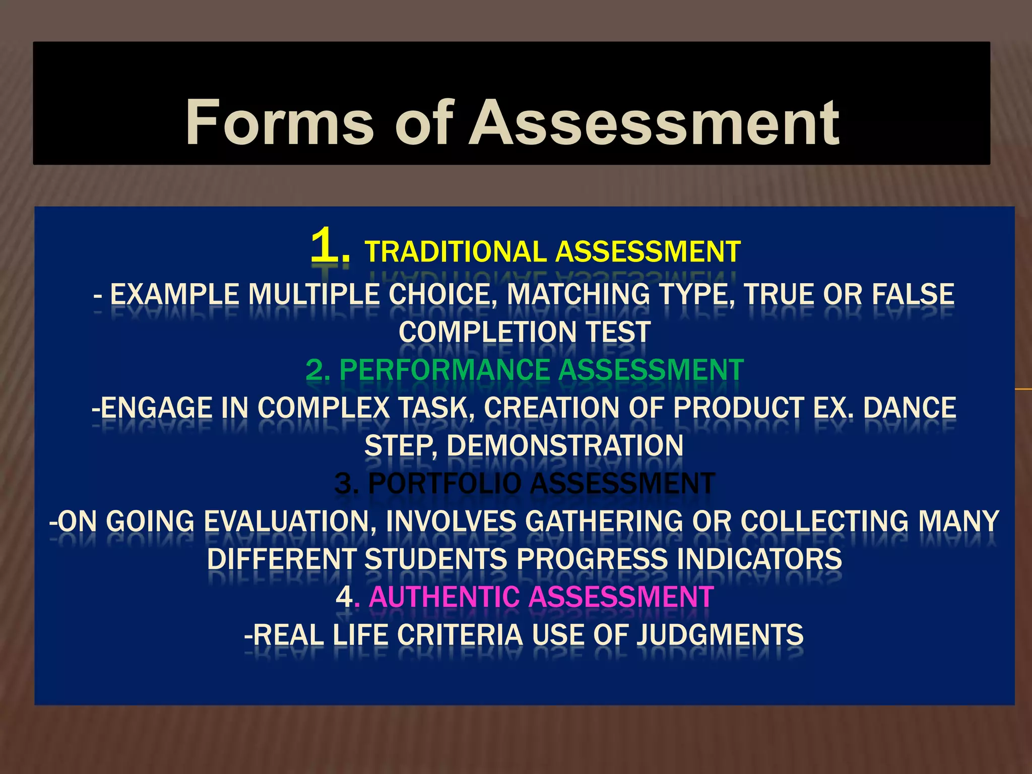 Forms of Assessment
                1. TRADITIONAL ASSESSMENT
   - EXAMPLE MULTIPLE CHOICE, MATCHING TYPE, TRUE OR FALSE
                         COMPLETION TEST
                 2. PERFORMANCE ASSESSMENT
   -ENGAGE IN COMPLEX TASK, CREATION OF PRODUCT EX. DANCE
                      STEP, DEMONSTRATION
                   3. PORTFOLIO ASSESSMENT
-ON GOING EVALUATION, INVOLVES GATHERING OR COLLECTING MANY
          DIFFERENT STUDENTS PROGRESS INDICATORS
                    4. AUTHENTIC ASSESSMENT
             -REAL LIFE CRITERIA USE OF JUDGMENTS
 