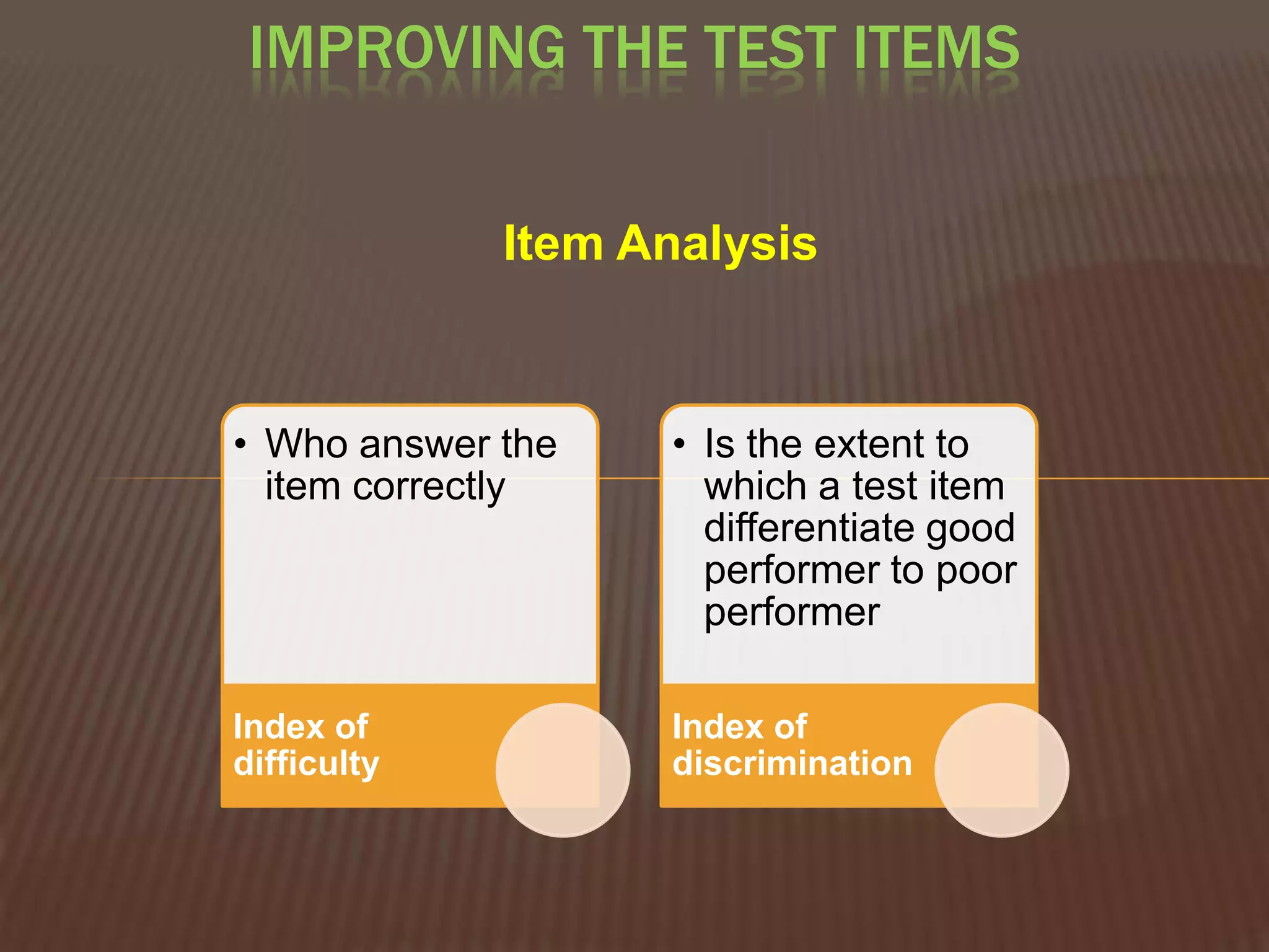 IMPROVING THE TEST ITEMS


             Item Analysis



• Who answer the   • Is the extent to
  item correctly     which a test item
                     differentiate good
                     performer to poor
                     performer

Index of           Index of
difficulty         discrimination
 