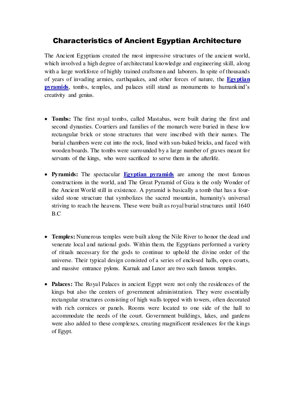Characteristics Of Ancient Egyptian Architecture
