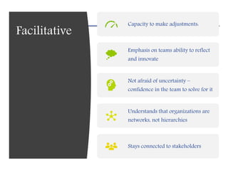 Facilitative
Capacity to make adjustments:
Emphasis on teams ability to reflect
and innovate
Not afraid of uncertainty –
confidence in the team to solve for it
Understands that organizations are
networks, not hierarchies
Stays connected to stakeholders
 