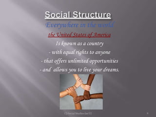 Everywhere in the world
     the United States of America
         Is known as a country
     - with equal rights to anyone
 - that offers unlimited opportunities
- and allows you to live your dreams.




           CJ-Social Studies-Jan'12      9
 