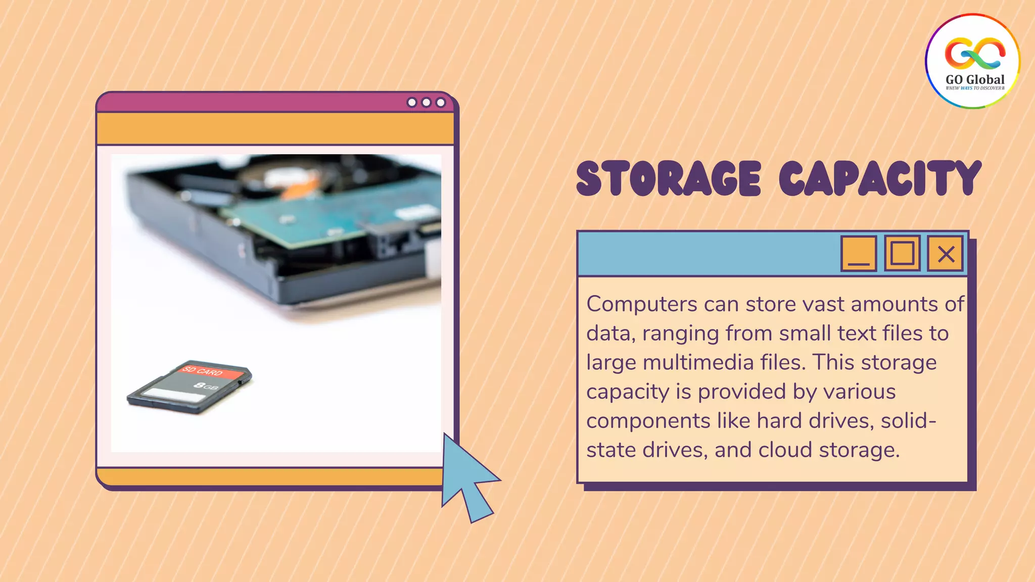 Computers can store vast amounts of
data, ranging from small text files to
large multimedia files. This storage
capacity is provided by various
components like hard drives, solid-
state drives, and cloud storage.
STORAGE CAPACITY
 