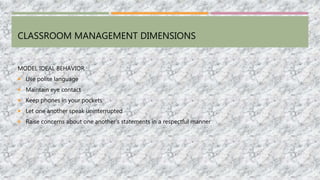 CLASSROOM MANAGEMENT DIMENSIONS
MODEL IDEAL BEHAVIOR
 Use polite language
 Maintain eye contact
 Keep phones in your pockets
 Let one another speak uninterrupted
 Raise concerns about one another’s statements in a respectful manner
 