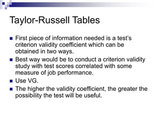 Taylor Rusell Table Characteristics of effective tests and hiring | PPT