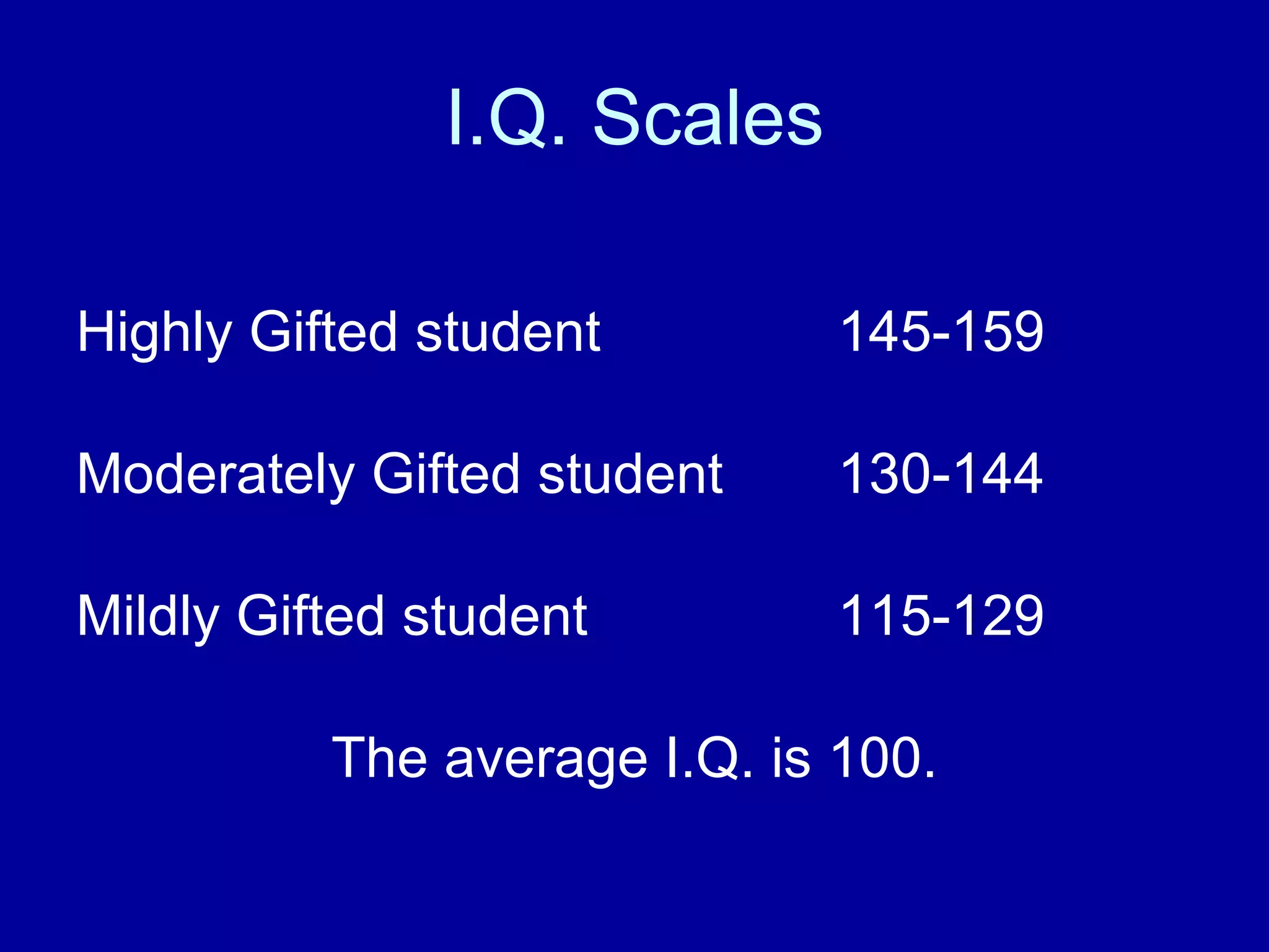I.Q. Scales Highly Gifted student 145-159 Moderately Gifted student 130-144 Mildly Gifted student 115-129 The average I.Q. is 100. 