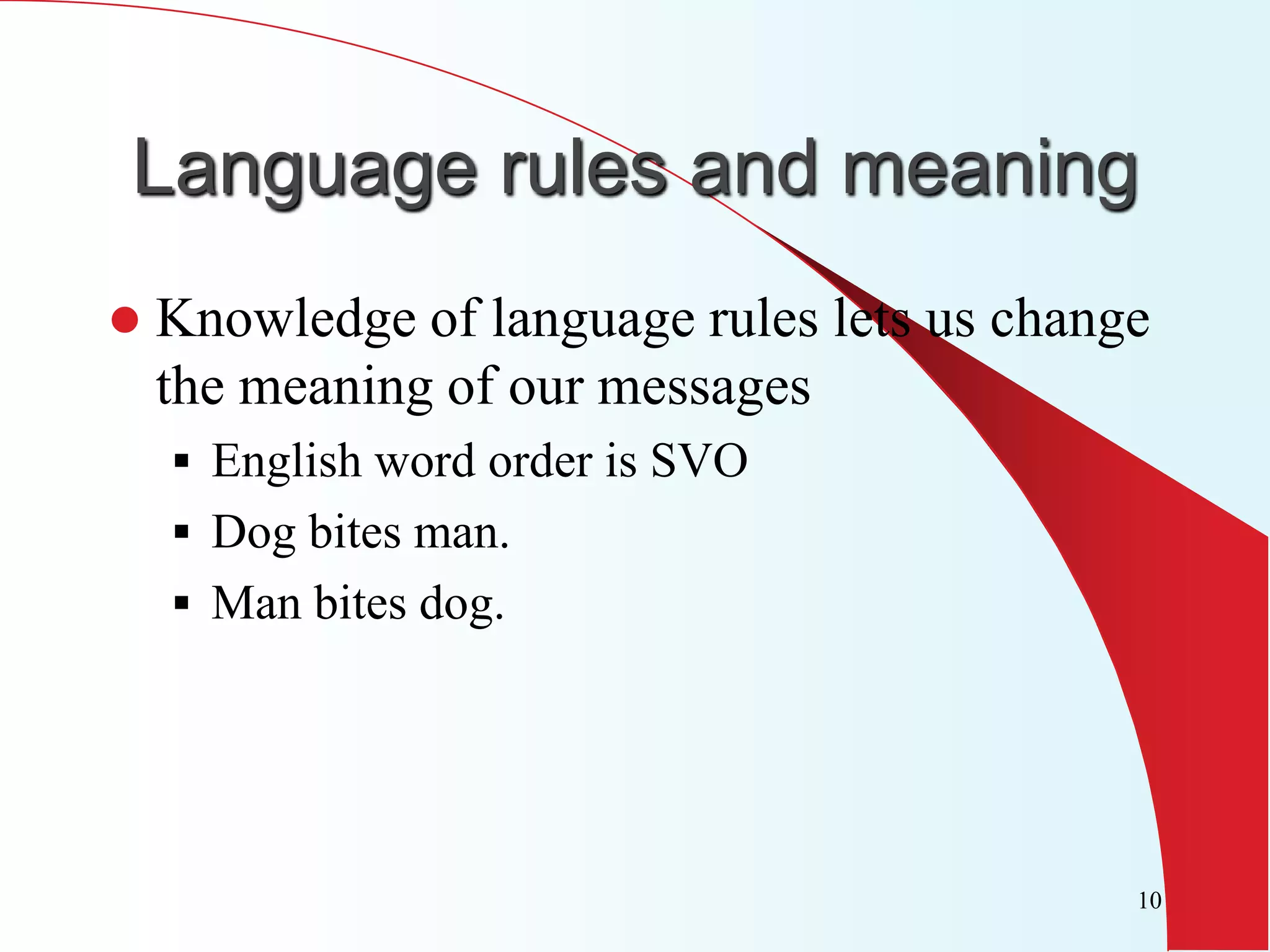 Language rules and meaning
   Knowledge of language rules lets us change
    the meaning of our messages
     English word order is SVO
     Dog bites man.
     Man bites dog.




                                             10
 
