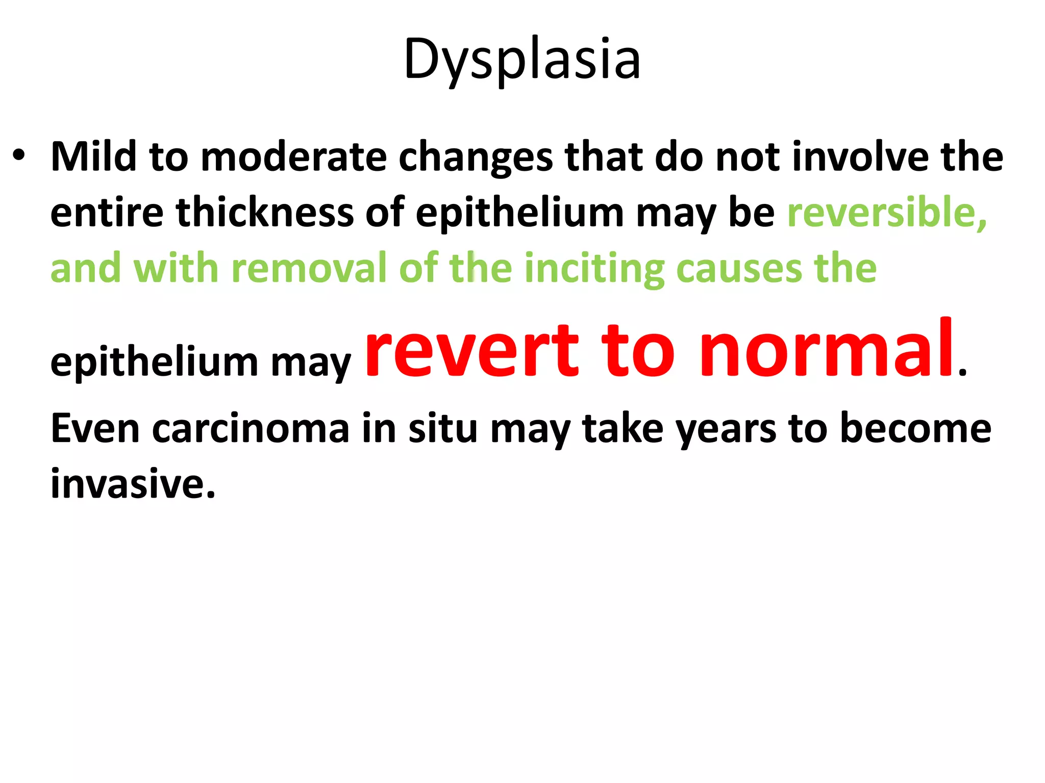 • Mild to moderate changes that do not involve the
entire thickness of epithelium may be reversible,
and with removal of the inciting causes the
epithelium may revert to normal.
Even carcinoma in situ may take years to become
invasive.
Dysplasia
 