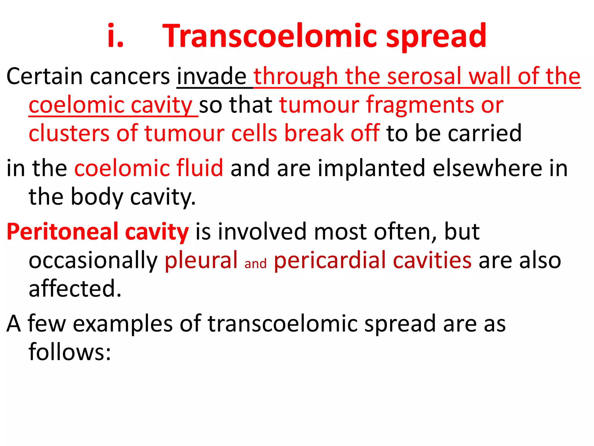 i. Transcoelomic spread
Certain cancers invade through the serosal wall of the
coelomic cavity so that tumour fragments or
clusters of tumour cells break off to be carried
in the coelomic fluid and are implanted elsewhere in
the body cavity.
Peritoneal cavity is involved most often, but
occasionally pleural and pericardial cavities are also
affected.
A few examples of transcoelomic spread are as
follows:
 
