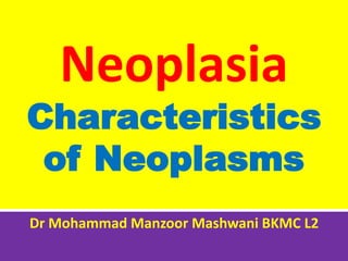 Neoplasia
Characteristics
of Neoplasms
Dr Mohammad Manzoor Mashwani BKMC L2
 