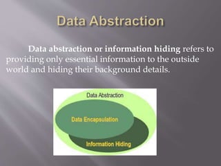 Data abstraction or information hiding refers to
providing only essential information to the outside
world and hiding their background details.
 