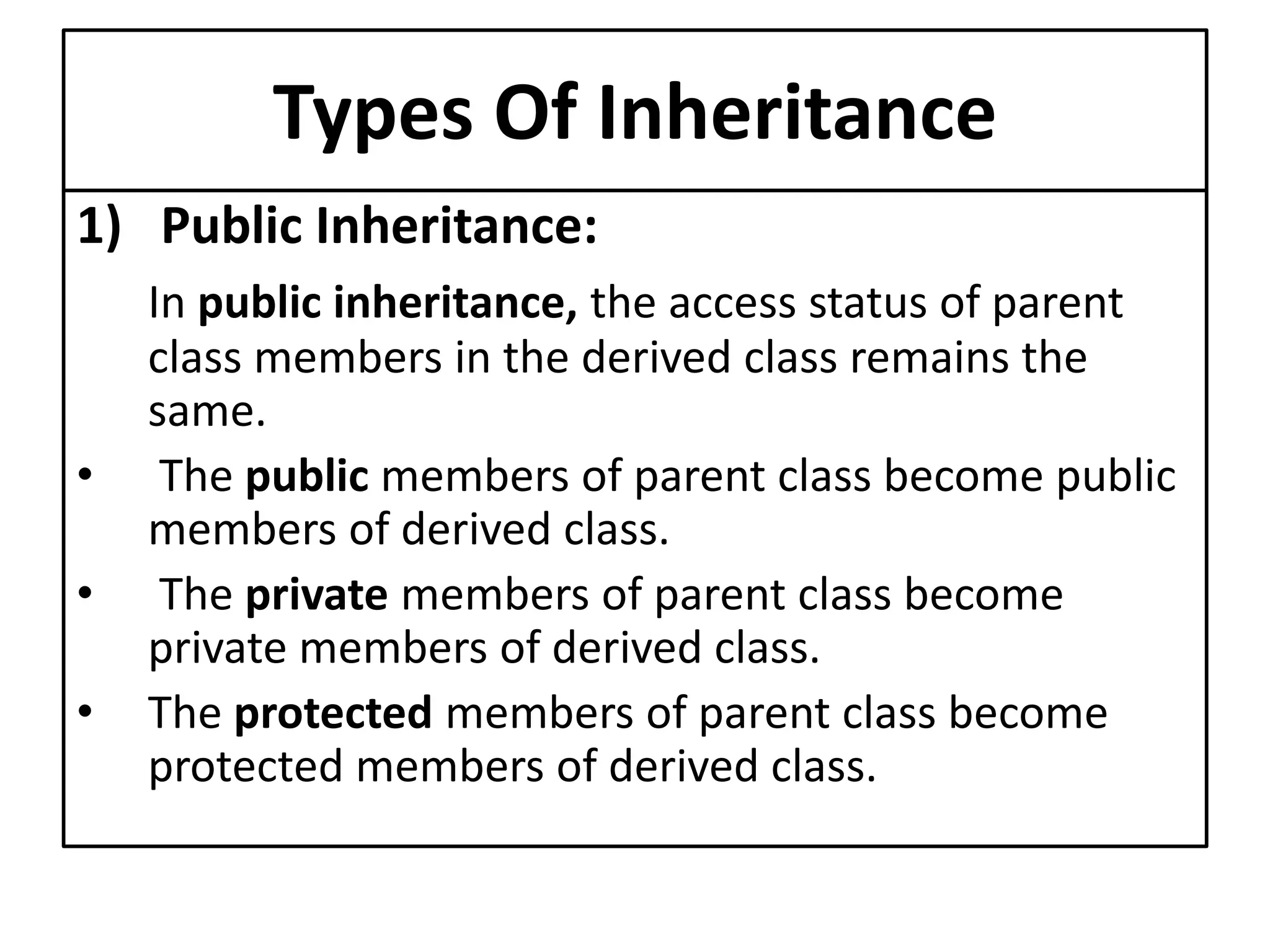 Types Of Inheritance
1) Public Inheritance:
In public inheritance, the access status of parent
class members in the derived class remains the
same.
• The public members of parent class become public
members of derived class.
• The private members of parent class become
private members of derived class.
• The protected members of parent class become
protected members of derived class.
 