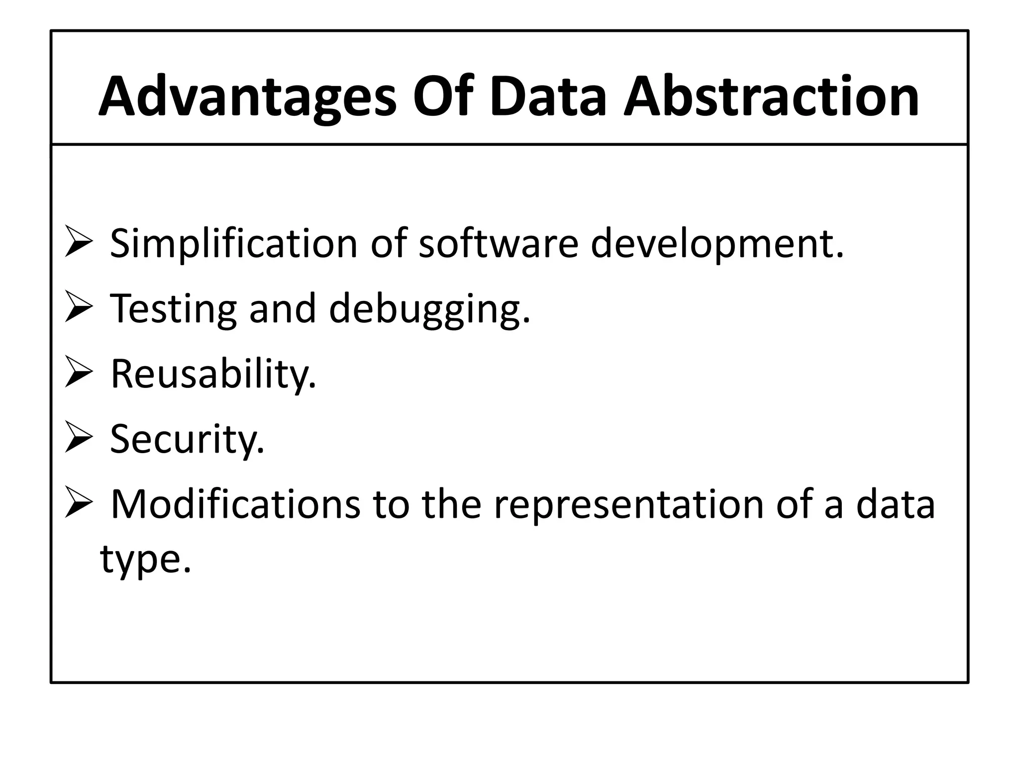 Advantages Of Data Abstraction
 Simplification of software development.
 Testing and debugging.
 Reusability.
 Security.
 Modifications to the representation of a data
type.
 