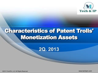 ©2013 TechIPm, LLC All Rights Reserved www.techipm.com
Characteristics of Patent Trolls'
Monetization Assets
2Q. 2013
 