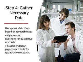 Step 4: Gather
Necessary
Data
Use appropriate tools
based on research type:
• Open-ended
questions for qualitative
research.
• Closed-ended or
paper-pencil tests for
quantitative research.
 