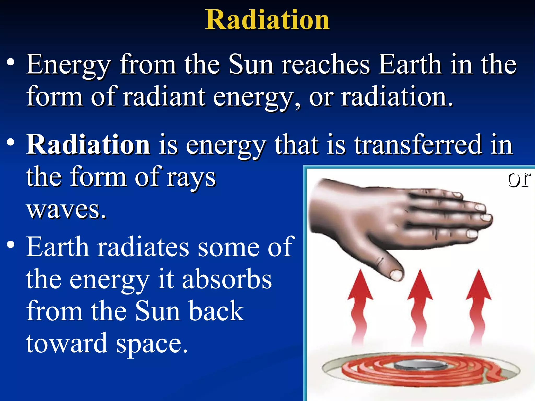 Radiation Energy from the Sun reaches Earth in the form of radiant energy, or radiation.  Radiation  is energy that is transferred in the form of rays  or waves.  Earth radiates some of the energy it absorbs from the Sun back toward space.  