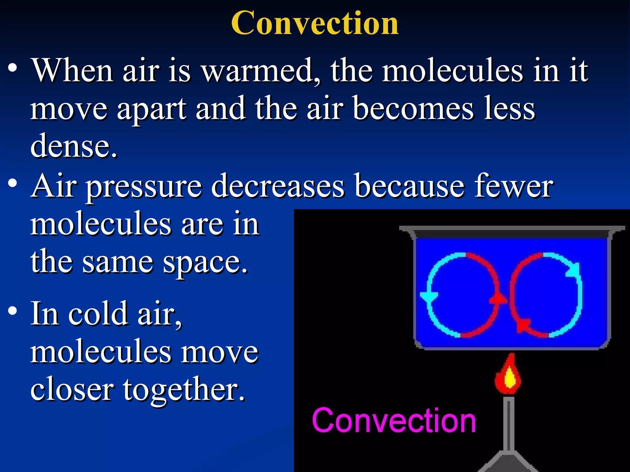 Convection When air is warmed, the molecules in it move apart and the air becomes less dense.  Air pressure decreases because fewer molecules are in  the same space.  In cold air, molecules move closer together.  