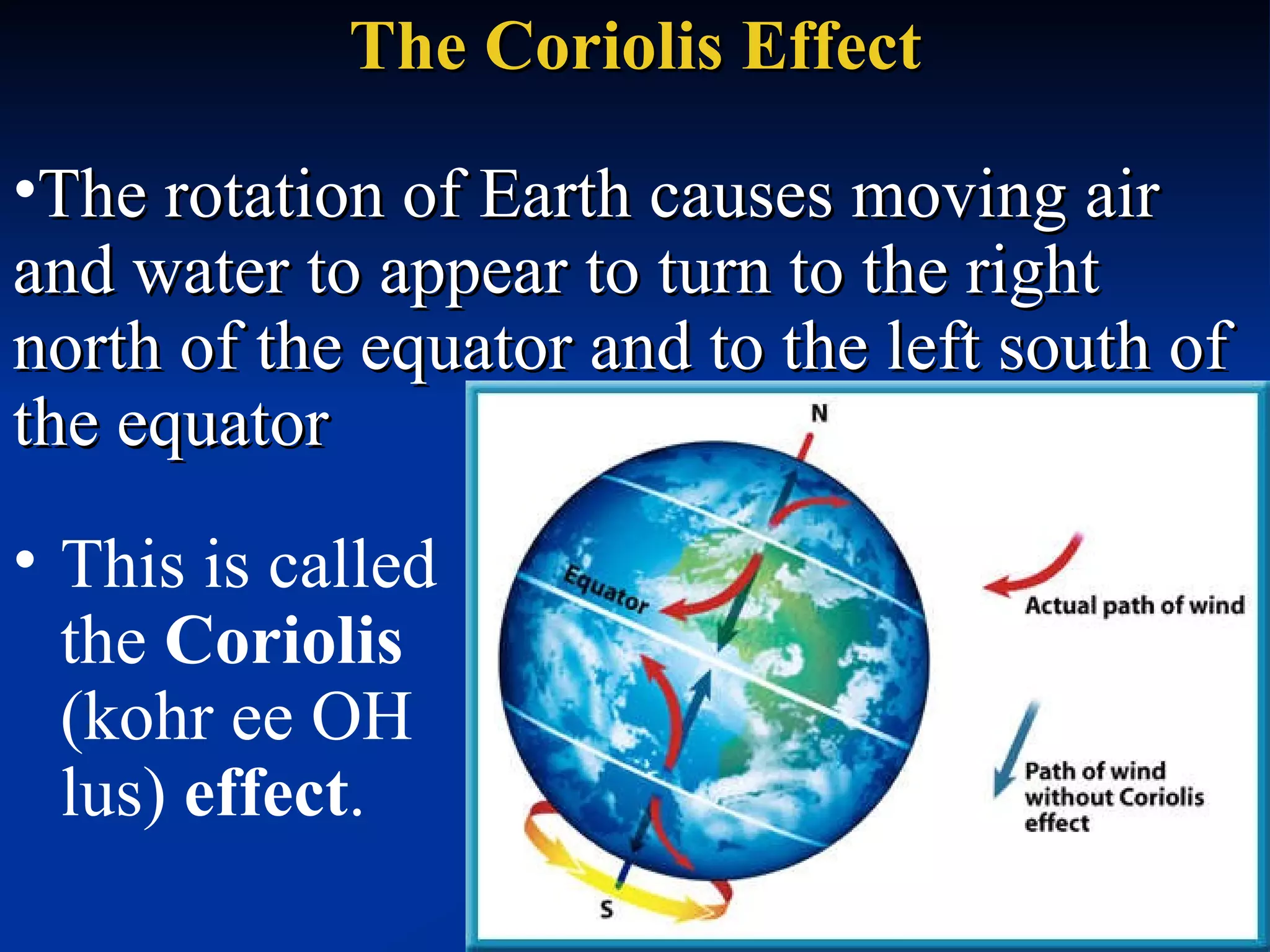 The Coriolis Effect This is called the  Coriolis  (kohr ee OH lus)  effect .  The rotation of Earth causes moving air and water to appear to turn to the right north of the equator and to the left south of the equator 