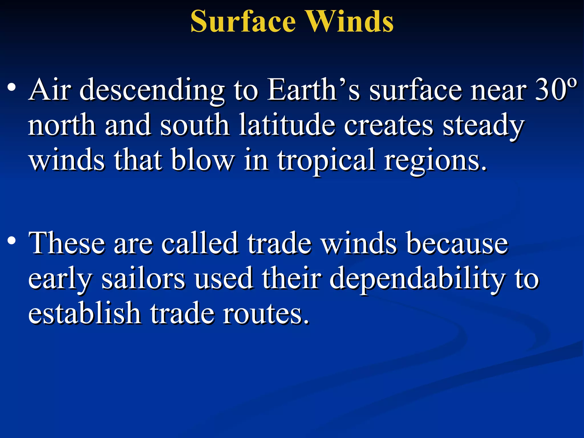 Surface Winds Air descending to Earth’s surface near 30º north and south latitude creates steady winds that blow in tropical regions.  These are called trade winds because early sailors used their dependability to establish trade routes.  