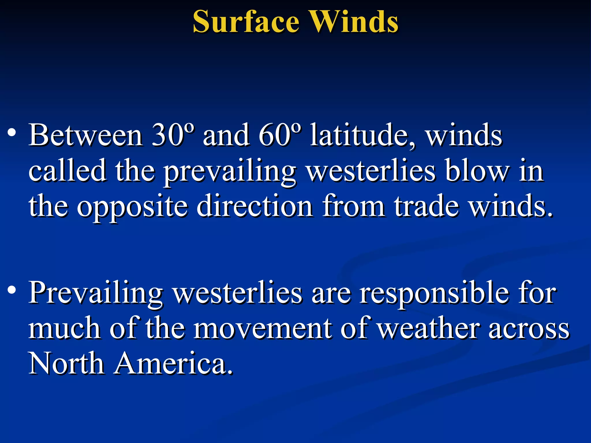 Surface Winds Between 30º and 60º latitude, winds called the prevailing westerlies blow in the opposite direction from trade winds.  Prevailing westerlies are responsible for much of the movement of weather across North America.  