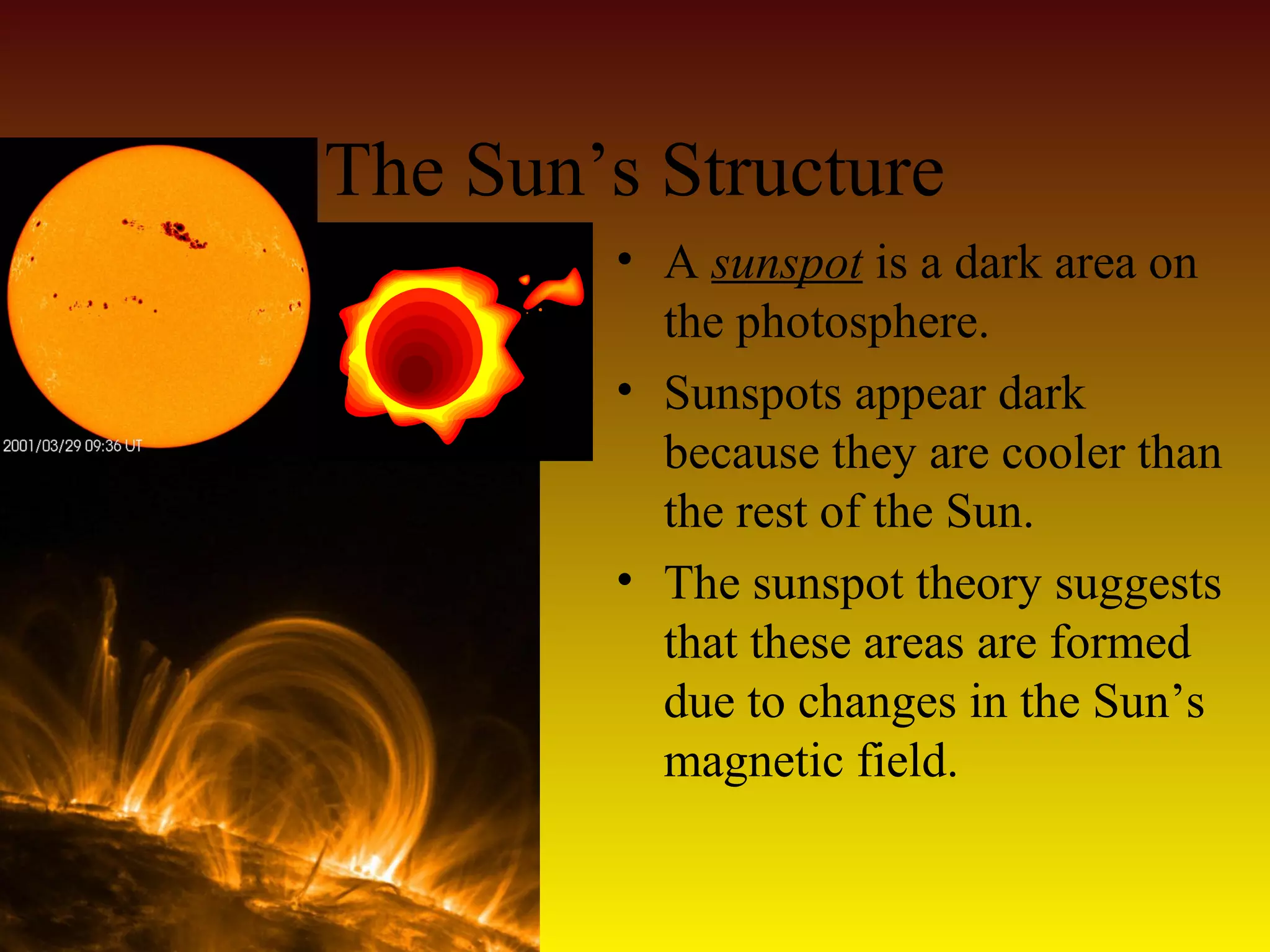 The Sun’s Structure
• A sunspot is a dark area on
the photosphere.
• Sunspots appear dark
because they are cooler than
the rest of the Sun.
• The sunspot theory suggests
that these areas are formed
due to changes in the Sun’s
magnetic field.
 