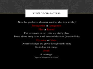 TYPES OF CHARACTERS


  ~Now that you have a character in mind, what type are they?
                 Protagonist or Antagonist
                       Flat or Round
         Flat shows one or two traits, stays fairly plain
Round shows many traits, a well-rounded character (more realistic)
                      Dynamic or Static
       Dynamic changes and grows throughout the story
                   Static does not change
                               Stock
                           A stereotype
                   ("Types of Characters in Fiction”)
 