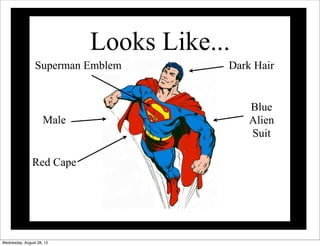 Looks Like...
Male
Red Cape
Blue
Alien
Suit
Dark HairSuperman Emblem
Wednesday, August 28, 13
 
