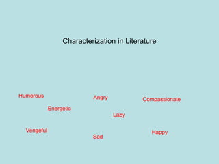 Characterization in Literature




Humorous                   Angry           Compassionate
             Energetic
                                   Lazy

  Vengeful                                    Happy
                           Sad
 