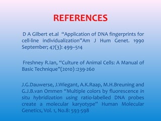 REFERENCES
D A Gilbert et.al “Application of DNA fingerprints for
cell-line individualization”Am J Hum Genet. 1990
September; 47(3): 499–514
Freshney R.Ian, “Culture of Animal Cells: A Manual of
Basic Technique”(2010) :239-260
J.G.Dauwerse, J.Wiegant, A.K.Raap, M.H.Breuning and
G.J.B.van Ommen “Multiple colors by fluorescence in
situ hybridization using ratio-labelled DNA probes
create a molecular karyotype” Human Molecular
Genetics, Vol. 1, No.8: 593-598

 