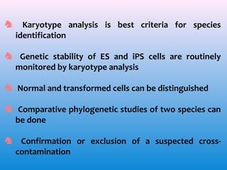♞

Karyotype analysis is best criteria for species
identification

♞ Genetic stability of ES and iPS cells are routinely
monitored by karyotype analysis
♞ Normal and transformed cells can be distinguished
♞ Comparative phylogenetic studies of two species can
be done
♞ Confirmation or exclusion of a suspected crosscontamination

 