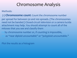 Chromosome Analysis
Methods:
(1) Chromosome count: Count the chromosome number
per spread for between 50 and 100 spreads. (The chromosomes
need not be banded.) Closed-circuit television or a camera lucida
attachment may help. You should attempt to count all of the
mitoses that you see and classify them
(a)by chromosome number or, if counting is impossible,
(b) as ‘‘near diploid uncountable’’ or ‘‘polyploid uncountable.’’
Plot the results as a histogram

 