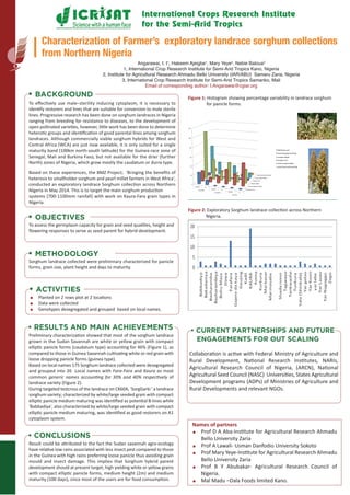 To eﬀectively use male–sterility inducing cytoplasm, it is necessary to
identify restorers and lines that are suitable for conversion to male sterile
lines. Progressive research has been done on sorghum landraces in Nigeria
ranging from breeding for resistance to diseases, to the development of
open pollinated varieties, however, little work has been done to determine
heterotic groups and identiﬁcation of good parental lines among sorghum
landraces. Although commercially viable sorghum hybrids for West and
Central Africa (WCA) are just now available, it is only suited for a single
maturity band (100km north-south latitude) for the Guinea-race zone of
Senegal, Mali and Burkina Faso, but not available for the drier (further
North) zones of Nigeria, which grow mostly the caudatum or durra type.
Based on these experiences, the BMZ Project; 'Bringing the beneﬁts of
heterosis to smallholder sorghum and pearl millet farmers in West Africa',
conducted an exploratory landrace Sorghum collection across Northern
Nigeria in May 2014. This is to target the main sorghum production
systems (700-1100mm rainfall) with work on Kaura-Fara grain types in
Nigeria.
• baCkground
To assess the germplasm capacity for grain and seed qualities, height and
ﬂowering responses to serve as seed parent for hybrid development.
• objeCtives
Sorghum landrace collected were preliminary characterized for panicle
forms, grain size, plant height and days to maturity.
• methodology
 Planted on 2 rows plot at 2 locations
 Data were collected
 Genotypes desegregated and grouped based on local names.
• aCtivities
Preliminary characterization showed that most of the sorghum landrace
grown in the Sudan Savannah are white or yellow grain with compact
elliptic panicle forms (caudatum type) accounting for 46% (Figure 1), as
compared to those in Guinea Savannah cultivating white or red grain with
loose dropping panicle forms (guinea type).
Based on local names 175 Sorghum landrace collected were desegregated
and grouped into 26 Local names with Fara-Fara and Kaura as most
common generic names accounting for 30% and 40% respectively of
landrace variety (Figure 2).
During targeted testcross of the landrace on CK60A, 'SorgGarki ' a landrace
sorghum variety; characterized by white/large seeded grain with compact
elliptic panicle medium maturing was identiﬁed as potential B-lines while
'Babbadiya', also characterized by white/large seeded grain with compact
elliptic panicle medium maturing, was identiﬁed as good restorers on A1
cytoplasm system.
• results and main aChievements • Current partnerships and future
engagements for out sCaling
Result could be attributed to the fact the Sudan savannah agro-ecology
have relative low rains associated with less insect pest compared to those
in the Guinea with high rains preferring loose panicle thus avoiding grain
mould and insect damage. This implies that Sorghum hybrid parent
development should at present target, high yielding white or yellow grains
with compact elliptic panicle forms, medium height (2m) and medium
maturity (100 days), since most of the users are for food consumption.
• ConClusions
Collaboration is active with Federal Ministry of Agriculture and
Rural Development, National Research Institutes, NARIs,
Agricultural Research Council of Nigeria, (ARCN), National
Agricultural Seed Council (NASC) Universities, States Agricultural
Development programs (ADPs) of Ministries of Agriculture and
Rural Developments and relevant NGOs.
Names of partners
 Prof D A Aba-Institute for Agricultural Research Ahmadu
Bello University Zaria
 Prof A Lawali- Usman Danfodio University Sokoto
 Prof Mary Yeye-Institute for Agricultural Research Ahmadu
Bello University Zaria
 Prof B Y Abubakar- Agricultural Research Council of
Nigeria.
 Mal Madu –Dala Foods limited Kano.
Characterization of Farmer’s exploratory landrace sorghum collections
from Northern Nigeria
Angarawai, I. I1
, Hakeem Ajeigbe1
, Mary Yeye2
, Nebie Baloua2
1, International Crop Research Institute for Semi-Arid Tropics Kano, Nigeria
2, Institute for Agricultural Research Ahmadu Bello University (IAR/ABU) Samaru Zaria, Nigeria
3, International Crop Research Institute for Semi-Arid Tropics Samanko, Mali
Email of corresponding author: I.Angarawai@cgiar.org
Figure 1: Histogram showing percentage variability in landrace sorghum
for panicle forms.
Figure 2: Exploratory Sorghum landrace collection across Northern
Nigeria.
 