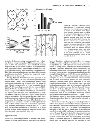 period in Cr by constructing long supercells and evaluat-
ing the total energy using a layer KKR technique as a func-
tion of the cell dimensions. The calculated moment
amplitude (Fig. 9) and period were both in good agreement
with experiment. Hirai’s calculated period was $20.8 ML,
in perhaps fortuitously good agreement with experiment.
This offers an especially rigorous test of the LDA, because
small inaccuracies in the Fermi surface are greatly magni-
ﬁed by errors in the period.
Finally, Figure 9 shows the spin-wave spectrum in Fe
as calculated in the LDA using the atomic spheres approx-
imation and a Green’s function technique, plotted along
high-symmetry lines in the Brillouin zone. The spin stiff-
ness D is the curvature of o at À, and is calculated to be
330 meV-A2
, in good agreement with the measured 280–
310 meV-A2
. The four lines also show how the spectrum
would change with different band ﬁllings (as deﬁned in
the legend)—this is a ‘‘rigid band’’ approximation to alloy-
ing of Fe with Mn (EF  0) or Co (EF  0). It is seen that o is
positive everywhere for the normal Fe case (black line),
and this represents a triumph for the LDA, since it demon-
strates that the global ground state of bcc Fe is the ferro-
magnetic one. o remains positive by shifting the Fermi
level in the ‘‘Co alloy’’ direction, as is observed experimen-
tally. However, changing the ﬁlling by only À0.2 eV (‘‘Mn
alloy’’) is sufﬁcient to produce an instability at H, thus
driving it to an antiferromagnetic structure in the [001]
direction, as is experimentally observed.
Optical Properties
In the LDA, in contradistinction to Hartree-Fock theory,
there is no formal justiﬁcation for associating the eigenva-
lues e of Equation 5 with energy bands. However, because
the LDA is related to Hartree-Fock theory, it is reasonable
to expect that the LDA eigenvalues e bear a close resem-
blance to energy bands, and they are widely interpreted
that way. There have been a few ‘‘proper’’ local-density cal-
culations of energy gaps, calculated by the total energy dif-
ference of a neutral and a singly charged molecule; see, for
example, Cappellini et al. (1997) for such a calculation in
C60 and Na4. The LDA systematically underestimates
bandgaps by $1 to 2 eV in the itinerant semiconductors;
the situation dramatically worsens in more correlated
materials, notably f-shell metals and some of the late-
transition-metal oxides. In Hartree-Fock theory, the non-
local exchange potential is too large because it neglects the
ability of the host to screen out the bare Coulomb interac-
tion 1=jr À r0
j. In the LDA, the nonlocal character of the
interaction is simply missing. In semiconductors, the
long-ranged part of this interaction should be present
but screened by the dielectric constant e1. Since e1 ) 1,
the LDA does better by ignoring the nonlocal interaction
altogether than does Hartree-Fock theory by putting it in
unscreened.
Harrison’s model of the gap underestimate provides us
with a clear physical picture of the missing ingredient in
the LDA and a semiquantitative estimate for the correc-
tion (Harrison, 1985). The LDA uses a ﬁxed one-electron
potential for all the energy bands; that is, the effective
one-electron potential is unchanged for an electron excited
across the gap. Thus, it neglects the electrostatic energy
cost associated with the separation of electron and hole
for such an excitation. This was modeled by Harrison by
noting a Coulombic repulsion U between the local excess
charge and the excited electron. An estimate of this
Figure 9. Upper left: LDA Fermi surface
of nonmagnetic Cr. Arrows mark the nest-
ing vectors connecting large, nearly paral-
lel sheets in the Brillouin zone. Upper
right: magnetic moments of the 3-d transi-
tion metals, in Bohr magnetons, calculated
in the LDA at the LDA volume, at the
observed volume, and using the PBE
(Perdew et al., 1996, 1997) GGA at the
observed volume. The Cr data is taken
from Hirai (1997). Lower left: the magnetic
moments in successive atomic layers along
[001] in Cr, showing the antiferromagnetic
spin-density wave. The observed period is
$21.2 lattice spacings. Lower right: spin-
wave spectrum in Fe, in meV, calculated
in the LDA (Antropov et al., unpub.
observ.) for different band ﬁllings, as dis-
cussed in the text.
SUMMARY OF ELECTRONIC STRUCTURE METHODS 83
 