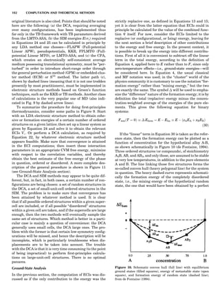 original literature is also cited. Points that should be noted
here are the following: (a) the DCA, requiring averaging
over many conﬁgurations, has been implemented thus
far only in the TB framework with TB parameters derived
from the LMTO-ASA; (b) the SIM energies E(ss) required
in Equations 24 and 25 can be calculated in principle by
any LDA method one chooses—FLAPW (Full-potential
Linear APW), pseudopotentials, KKR, FPLMTO (Full-
potential Linear MTO), or LMTO-ASA; and (c) the CPA,
which creates an electronically self-consistent average
medium possessing translational symmetry, must be ‘‘per-
turbed’’ in order to introduce short-range order through
the general perturbation method (GPM) or embedded-clus-
ter method (ECM) or S(2)
method. The latter path (c),
shown by dashed lines (meaning that it is not one trodden
presently by most practitioners), must be implemented in
electronic structure methods based on Green’s function
techniques, such as the KKR or TB methods. Another class
of calculations is the very popular one of MD (also indi-
cated in Fig. 9 by dashed arrow lines).
To summarize the procedure for doing ﬁrst-principles
thermodynamics, consider some paths in Figure 9. Start
with an LDA electronic structure method to obtain cohe-
sive or formation energies of a certain number of ordered
structures on a given lattice; then set up a linear system as
given by Equation 24 and solve it to obtain the relevant
ECIs Vr. Or perform a DCA calculation, as required by
Equation 22, by whatever electronic structure method
appears feasible. Make sure that convergence is attained
in the ECI computations; then insert these interaction
parameters in an appropriate CVM free energy, minimize
with respect to the correlation variables, and thereby
obtain the best estimate of the free energy of the phase
in question, ordered or disordered. A more complete des-
cription of the general procedure is shown in Figure 11
(see Ground-State Analysis section).
The DCA and SIM methods may appear to be quite dif-
ferent, but, in fact, in both cases, a certain number of con-
ﬁgurations are being chosen: a set of random structures in
the DCA, a set of small-unit-cell ordered structures in the
SIM. The problem is to make sure that convergence has
been attained by whatever method is used. It is clear
that if all possible ordered structures within a given super-
cell are included, or if all possible ‘‘disordered’’ structures
within a given cell are taken, and if the supercells are large
enough, then the two methods will eventually sample the
same set of structures. Which method is better in a parti-
cular case is mainly a question of convenience: the DCA
generally uses small cells, the DCA large ones. The pro-
blem with the former is that certain low-symmetry conﬁg-
urations will be missed, and hence the description will be
incomplete, which is particularly troublesome when dis-
placements are to be taken into account. The trouble
with the DCA is that it is very time consuming (to the point
of being impractical) to perform ﬁrst-principles calcula-
tions on large-unit-cell structures. There is no optimal
panacea.
Ground-State Analysis
In the previous section, the computation of ECIs was dis-
cussed as if the only contribution to the energy was the
strictly replacive one, as deﬁned in Equations 13 and 15;
yet it is clear from the latter equation that ECIs could in
principle be calculated for the value of the combined func-
tion É itself. For now, consider the ECIs limited to the
replacive (or conﬁgurational, or Ising) energy, leaving for
the next section a brief description of other contributions
to the energy and free energy. In the present context, it
is possible to break up the energy into different contribu-
tions. First of all it is convenient to subtract off the linear
term in the total energy, according to the deﬁnition of
Equation 4, applied here to E rather than to F, since only
zero-temperature effects—i.e., ground-state energies—will
be considered here. In Equation 4, the usual classical
and MF notation was used; in the ‘‘cluster’’ world of the
physics community it is customary to use the notation ‘‘for-
mation energy’’ rather than ‘‘mixing energy,’’ but the two
are exactly the same. The symbol Á will be used to empha-
size the ‘‘difference’’ nature of the formation energy; it is by
deﬁnition the total (replacive) energy minus the concen-
tration-weighted average of the energies of the pure ele-
ments. This gives the following equation for binary
systems:
FmixðT ¼ 0Þ  Á Eform ¼ E À Elin  E À ðxAEA þ xBEBÞ
ð30Þ
If the ‘‘linear’’ term in Equation 30 is taken as the refer-
ence state, then the formation energy can be plotted as a
function of concentration for the hypothetical alloy A-B,
as shown schematically in Figure 10 (de Fontaine, 1994).
Three ordered structures (or compounds), of stoichiometry
A3B, AB, and AB3, and only those, are assumed to be stable
at very low temperatures, in addition to the pure elements
A and B. The line linking those ﬁve structures forms the
so-called convex hull (heavy polygonal line) for the system
in question. The heavy dashed curve represents schemati-
cally the formation energy of the completely disordered
state, i.e., the mixing energy of the hypothetical random
state, the one that would have been obtained by a perfect
Figure 10. Schematic convex hull (full line) with equilibrium
ground states (ﬁlled squares), energy of metastable state (open
square), and formation energy of random state (dashed line);
from de Fontaine (1994).
102 COMPUTATION AND THEORETICAL METHODS
 