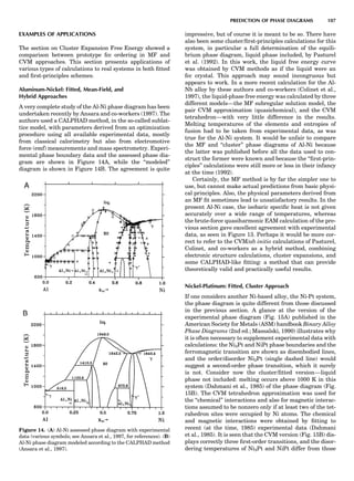 EXAMPLES OF APPLICATIONS
The section on Cluster Expansion Free Energy showed a
comparison between prototype fcc ordering in MF and
CVM approaches. This section presents applications of
various types of calculations to real systems in both ﬁtted
and ﬁrst-principles schemes.
Aluminum-Nickel: Fitted, Mean-Field, and
Hybrid Approaches
A very complete study of the Al-Ni phase diagram has been
undertaken recently by Ansara and co-workers (1997). The
authors used a CALPHAD method, in the so-called sublat-
tice model, with parameters derived from an optimization
procedure using all available experimental data, mostly
from classical calorimetry but also from electromotive
force (emf) measurements and mass spectrometry. Experi-
mental phase boundary data and the assessed phase dia-
gram are shown in Figure 14A, while the ‘‘modeled’’
diagram is shown in Figure 14B. The agreement is quite
impressive, but of course it is meant to be so. There have
also been some cluster/ﬁrst-principles calculations for this
system, in particular a full determination of the equili-
brium phase diagram, liquid phase included, by Pasturel
et al. (1992). In this work, the liquid free energy curve
was obtained by CVM methods as if the liquid were an
fcc crystal. This approach may sound incongruous but
appears to work. In a more recent calculation for the Al-
Nb alloy by these authors and co-workers (Colinet et al.,
1997), the liquid-phase free energy was calculated by three
different models—the MF subregular solution model, the
pair CVM approximation (quasichemical), and the CVM
tetrahedron—with very little difference in the results.
Melting temperatures of the elements and entropies of
fusion had to be taken from experimental data, as was
true for the Al-Ni system. It would be unfair to compare
the MF and ‘‘cluster’’ phase diagrams of Al-Ni because
the latter was published before all the data used to con-
struct the former were known and because the ‘‘ﬁrst-prin-
ciples’’ calculations were still more or less in their infancy
at the time (1992).
Certainly, the MF method is by far the simpler one to
use, but cannot make actual predictions from basic physi-
cal principles. Also, the physical parameters derived from
an MF ﬁt sometimes lead to unsatisfactory results. In the
present Al-Ni case, the isobaric speciﬁc heat is not given
accurately over a wide range of temperatures, whereas
the brute-force quasiharmonic EAM calculation of the pre-
vious section gave excellent agreement with experimental
data, as seen in Figure 13. Perhaps it would be more cor-
rect to refer to the CVM/ab initio calculations of Pasturel,
Colinet, and co-workers as a hybrid method, combining
electronic structure calculations, cluster expansions, and
some CALPHAD-like ﬁtting: a method that can provide
theoretically valid and practically useful results.
Nickel-Platinum: Fitted, Cluster Approach
If one considers another Ni-based alloy, the Ni-Pt system,
the phase diagram is quite different from those discussed
in the previous section. A glance at the version of the
experimental phase diagram (Fig. 15A) published in the
American Society for Metals (ASM) handbook Binary Alloy
Phase Diagrams (2nd ed.; Massalski, 1990) illustrates why
it is often necessary to supplement experimental data with
calculations: the Ni3Pt and NiPt phase boundaries and the
ferromagnetic transition are shown as disembodied lines,
and the order/disorder Ni3Pt (single dashed line) would
suggest a second-order phase transition, which it surely
is not. Consider now the cluster/ﬁtted version—liquid
phase not included: melting occurs above 1000 K in this
system (Dahmani et al., 1985) of the phase diagram (Fig.
15B). The CVM tetrahedron approximation was used for
the ‘‘chemical’’ interactions and also for magnetic interac-
tions assumed to be nonzero only if at least two of the tet-
rahedron sites were occupied by Ni atoms. The chemical
and magnetic interactions were obtained by ﬁtting to
recent (at the time, 1985) experimental data (Dahmani
et al., 1985). It is seen that the CVM version (Fig. 15B) dis-
plays correctly three ﬁrst-order transitions, and the disor-
dering temperatures of Ni3Pt and NiPt differ from those
Figure 14. (A) Al-Ni assessed phase diagram with experimental
data (various symbols; see Ansara et al., 1997, for references). (B)
Al-Ni phase diagram modeled according to the CALPHAD method
(Ansara et al., 1997).
PREDICTION OF PHASE DIAGRAMS 107
 