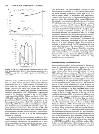 indicated in the handbook version (Fig. 15A). It appears
that the latter version, published several years after the
work of Dahmani et al. (1985), is based on an older set of
data; in fact the 1990 edition of the ASM handbook (Mas-
salski, 1990) actually states that ‘‘no new data has been
reported since the Hansen and Anderko phase-diagram
handbook appeared in 1958!’’ Additionally, experimental
values of the formation energies of the L10 NiPt phase
were reported in 1970 by Walker and Darby (1970). The
1990 ASM handbook also fails to indicate the important
perturbation of the ‘‘chemical’’ phase boundaries by the
ferromagnetic transition, which the calculation clearly
shows (Fig. 15A). There is still no unambiguous veriﬁca-
tion of the transition on the Pt-rich side of the phase dia-
gram (platinum is expensive). Note also that a MF GBW
model could not have produced the three ﬁrst-order transi-
tions expected; instead it would have given a triple second-
order transition at 50% Pt, as in the MF prototype phase
diagram of Figure 8A.
The solution to the three-transition problem in Ni-Pt
might be to obtain the free energy parameters from elec-
tronic structure calculations, but surprises are in store
there, as explained in some detail in the author’s review
(de Fontaine, 1994, Sect. 17). The KKR-CPA-S(2)
calcula-
tions (Pinski et al., 1991) indicated that a 50:50 Ni-Pt solid
solution would be unstable to a h100i concentration order-
ing wave, thereby presumably giving rise to an L10
ordered phase region, in agreement with experiment.
However, that is true only for calculations based on what
has been called the unrelaxed ÁErepl energy of Equation
32. Actually, according to the Hamiltonian used in those
S(2)
calculations, the ordered L10 phase should be unstable
to phase separation into Ni-rich and Pt-rich phases if
relaxation were correctly taken into account, emphasizing
once again that all the contributions to the energy in Equa-
tion 32 should be included. However, the L10 state is
indeed the observed low-temperature state, so it might
appear that the incomplete energy description was the cor-
rect one. The resolution of the paradox was provided by Lu,
Wei, and Zunger (1993): The original S(2)
Hamiltonian did
not contain relativistic corrections, which are required
since Pt is a heavy element. When this correction is
included in a fully relaxed FLAPW calculation, the L10
phase indeed appears as the ground state in the central
portion of the Ni-Pt phase diagram. Thus ﬁrst-principles
calculations can be helpful, but they must be performed
with pertinent effects and corrections (including relativ-
ity!) taken into account—hence, the difﬁculty of the under-
taking but also the considerable reward of deep
understanding that may result.
Aluminum-Lithium: Fitted and Predicted
Aluminum-lithium alloys are strengthened by the precipi-
tation of a metastable coherent Al3Li phase of L12 struc-
ture (a0
). Since this phase is less stable than the two-
phase mixture of an fcc Al-rich solid solution (a) and a
B32 bcc-based ordered structure AlLi (b), it does not
appear on the experimentally determined equilibrium
phase diagram (Massalski, 1986, 1990). It would therefore
be useful to calculate the a/a0
metastable phase boundaries
and place them on the experimental phase diagram. This
is what Sigli and Sanchez (1986) did using CVM free ener-
gies to ﬁt the entire experimental phase diagram, as
assessed by McAlister and reproduced here in Figure 16A
from the ﬁrst edition of the ASM handbook Binary Alloy
Phase Diagrams (Massalski, 1986). Note that the newer
version of the Al-Li phase diagram in the 2nd ed. of the
handbook (Massalski, 1990) is incorrect (in all fairness, a
correction appeared in an addendum, reproducing the old-
er version). The CVM-ﬁtted Al-Li phase diagram, includ-
ing the metastable L12 phase region (dashed lines) and
available experimental points, is shown in Figure 16B
(Sigli and Sanchez, 1986). The Li-rich side of the a/a0
two-phase region is shown to lie very close to the Al3Li stoi-
chiometry, along (as expected) with the highest disorder-
ing point, at $825 K. A low-temperature metastable-
metastable miscibility gap (because it is a metastable fea-
ture of a metastable equilibrium) is predicted to lie within
the a/a0
two-phase region. Note once again that the correct
ordering behavior of the L12 structure by a ﬁrst-order
transition near xLi ¼ 0.25 could not have been obtained
by a GBW MF model. How, then, could later authors (Kha-
chaturyan et al., 1988) claim to have obtained a better ﬁt to
experimental points by using the method of concentration
Figure 15. (A) Ni-Pt phase diagram according to the ASM hand-
book (Massalski, 1990). (B) Ni-Pt phase diagram calculated from a
CVM free energy ﬁtted to available experimental data (Dahmani
et al., 1985).
108 COMPUTATION AND THEORETICAL METHODS
 