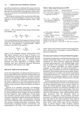 ignored in microstructure modeling. The reason is that it is
the evolution of the lro parameter toward equilibrium that
describes the crystal lattice rearrangement, atomic order-
ing, and, in particular, the metastable and transient struc-
tural states.
The temporal evolution of the concentration ﬁeld is gov-
erned by a generalized diffusion equation that is usually
referred to as the Cahn-Hillaird equation (Cahn, 1961,
1962):
qcðr; tÞ
qt
¼ Àr  J ð10Þ
where J ¼ ÀMrm is the ﬂux of solute atoms, M is the diffu-
sion mobility, and
m ¼
dFcg
dc
¼
dFchem
dc
þ
dFelast
dc
þ Á Á Á ð11Þ
is the chemical potential. The temporal evolution of the lro
parameter ﬁeld is described by a relaxation equation, often
called the time-dependent Ginzburg-Landau (TDGL)
equation or the Allen-Cahn equation,
qZðr; tÞ
qt
¼ ÀL
dFcg
qZðr; tÞ
ð12Þ
where L is the relaxation constant. Various forms of the
ﬁeld kinetic equations can be found in Gunton et al.
(1983). Equations 10 and 12 are coupled through the total
coarse-grained free energy, Fcg. With random thermal
noise terms added, both types of equations become
stochastic and their applications to studying critical
dynamics have been extensively discussed (Hohenberg
and Halperin, 1977; Gunton et al., 1983).
PRACTICAL ASPECTS OF THE METHOD
In the above formulation, simulating microstructural evo-
lution using CFM has been reduced to ﬁnding solutions of
the ﬁeld kinetic equations Equations 10 and/or 12 under
conditions corresponding to either a prototype model sys-
tem or a real system. The major input parameters include
the kinetic coefﬁcients in the kinetic equations and the
expansion coefﬁcients and phenomenological constants in
the free energy equations. These parameters are listed in
Table 2.
Because of its simplicity, generality, and ﬂexibility,
CFM has found a rich variety of applications in very differ-
ent material systems in the past two decades. For example,
by choosing different ﬁeld variables, the same formalism
has been adapted to study solidiﬁcation in both single-
and two-phase materials; grain growth in single-phase
materials; coupled grain growth and Ostward ripening in
two-phase composites; solid- and liquid-state sintering;
and various solid-state phase transformations in metals
and ceramics including superalloys, martensitic alloys,
transformation toughened ceramics, ferroelectrics, and
superconductors (see Table 1 for a summary and refer-
ences). Later in this section we present a few typical exam-
ples to illustrate how to formulate a realistic CFM for a
particular application.
Microstructural Evolution of Coherent Ordered Precipitates
Precipitation hardening by small dispersed particles of an
ordered intermetallic phase is the major strengthening
mechanism for many advanced engineering materials
including high-temperature and ultralightweight alloys
that are critical to the aerospace and automobile indus-
tries. The Ni-based superalloys are typical prototype
examples. In these alloys, the ordered intermetallic g0
-
Ni3X L12 phase precipitates out from the compositionally
disordered g face-centered cubic (fcc) parent phase. Experi-
mental studies have revealed a rich variety of interesting
morphological patterns of g0
, which play a critical role in
determining the mechanical behavior of the material.
Well-known examples include rafting structures and split
patterns.
A typical example of the discontinuous rafting structure
(chains of cuboid particles) formed in a Ni-based superal-
loy during isothermal aging can be found in Figure 1A,
where the ordered particles (bright shades) formed via
homogeneous nucleation are coherently embedded in the
disordered parent phase matrix (dark shades). They have
cuboidal shapes and are very well aligned along the elasti-
cally soft h100i directions. These ordered particles distin-
guish themselves from the disordered matrix by
differences in composition, crystal symmetry, and lattice
parameters. In addition, they also distinguish themselves
from each other by the relative positions of the origin of
their sublattices with respect to the origin of their parent
phase lattice, which divides them into four distinctive
types of ordered domains called antiphase domains
(APDs). When these APDs impinge on each other during
Table 2. Major Input Parameters of CFM
Input Coefﬁcients in CFM Fitting Properties
M, L—The kinetic coefﬁcients
in Equations 11 and 13
In general, they can be ﬁtted to
atomic diffusion and grain/
interfacial boundary
mobility data
Ai(i ¼ 1, 2, . . . )—The polyno-
mial expansion coefﬁcient in
free energy Equation 1
These parameters can be ﬁtted
to the typical free energy vs.
concentration curve (and also
free energy vs. lro parameter
curves for ordering systems),
which can be obtained from
either the CALPHADa
program or CVMb,c
calculations
kC —The gradient coefﬁcients
in Equation 2
It can be ﬁtted to available
interfacial energy data
cijkl and e0—Elastic constants
and lattice misﬁt
Experimental data are
available for many systems
a
Sundman, B., Jansson, and Anderson, J.-O. 1985. CALPHAD 9:153.
b
Kikuchi, R. 1951. Phys. Rev. 81:988–1003.
c
Sanchez, J. M., Ducastelle, F., and Gratias, D. 1984. Physica 128A:334–
350.
122 COMPUTATION AND THEORETICAL METHODS
 