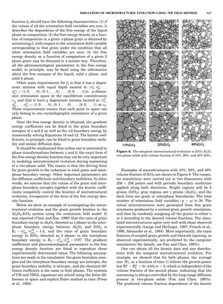 function f0 should have the following characteristics: (1) if
the values of all the orientation ﬁeld variables are zero, it
describes the dependence of the free energy of the liquid
phase on composition; (2) the free energy density as a func-
tion of composition in a given a-phase grain is obtained by
minimizing f0 with respect to the orientation ﬁeld variable
corresponding to that grain under the condition that all
other orientation ﬁeld variables are zero; (3) the free
energy density as a function of composition of a given b
phase grain may be obtained in a similar way. Therefore,
all the phenomenological parameters in the free energy
model, in principle, may be ﬁxed using the information
about the free energies of the liquid, solid a phase, and
solid b phase.
Other main requirements for f0 is that it has p degen-
erate minima with equal depth located at ðZa
1; Za
2; . . . ;
Za
pÞ ¼ ð1; 0; . . . ; 0Þ; ð0; 1; . . . ; 0Þ; . . . ; ð0; 0; . . . ; 1Þin p-dimen-
sion orientation space at the equilibrium concentration
ca, and that it have q degenerate minima located at ðZb
1;
Zb
2; . . . ; Zb
qÞ ¼ ð1; 0; . . . ; 0Þ; ð0; 1; . . . ; 0Þ; . . . ; ð0; 0; . . . ; 1Þ at cb.
These requirements ensure that each point in space can
only belong to one crystallographic orientation of a given
phase.
Once the free energy density is obtained, the gradient
energy coefﬁcients can be ﬁtted to the grain boundary
energies of a and b as well as the a/b boundary energy by
numerically solving Equations 10 and 12. The kinetic coef-
ﬁcients, in principle, can be ﬁtted to grain boundary mobi-
lity and atomic diffusion data.
It should be emphasized that unless one is interested in
phase transformations between a and b, the exact form of
the free energy density function may not be very important
in modeling microstructural evolution during coarsening
of a two-phase solid. The reason is that the driving force
for grain growth is the reduction in total grain and inter-
phase boundary energy. Other important parameters are
the diffusion coefﬁcients and boundary mobilities. In other
words, we assume that the values of the grain and inter-
phase boundary energies together with the kinetic coefﬁ-
cients completely control the kinetics of microstructural
evolution, irrespective of the form of the free energy den-
sity function.
Below we show an example of investigating the micos-
tructural evolution and the grain growth kinetics in the
Al2O3-ZrO2 system using the continuum ﬁeld model. It
was reported (Chen and Xue, 1990) that the ratio of grain
boundary energy in Al2O3 (denoted as a phase) to the inter-
phase boundary energy between Al2O3 and ZrO2 is
Ra ¼ sa
alu=sab
int ¼ 1:4, and the ratio of grain boundary
energy in ZrO2 (denoted as b phase) to the interphase
boundary energy is Rb ¼ sb
zir=sab
int ¼ 0:97. The gradient
coefﬁcients and phenomenological parameters in the free
energy density function are ﬁtted to reproduce these
experimentally determined ratios. The following assump-
tions are made in the simulation: the grain boundary ener-
gies and the interphase boundary energy are isotropic, the
grain boundary mobility is isotropic, and the chemical dif-
fusion coefﬁcient is the same in both phases. The systems
of CH and TDGL equations are solved using the ﬁnite dif-
ference in space and explicit Euler method in time (Press
et al., 1992).
Examples of microstructures with 10%, 20%, and 40%
volume fraction of ZrO2 are shown in Figure 8. The compu-
ter simulations were carried out in two dimensions with
256 Â 256 points and with periodic boundary conditions
applied along both directions. Bright regions will be b
grains (ZrO2), gray regions are a grains (Al2O3), and the
dark lines are grain or interphase boundaries. The total
number of orientation ﬁeld variables ( p þ q) is 30. The
initial microstructures were generated from ﬁne grain
structures produced by a normal grain growth simulation,
and then by randomly assigning all the grains to either a
or b according to the desired volume fractions. The simu-
lated microstructures agree very well with those observed
experimentally (Lange and Hirlinger, 1987; French et al.,
1990; Alexander et al., 1994). More importantly, the main
features of coupled grain growth and Ostwald ripening, as
observed experimentally, are predicted by the computer
simulations (for details, see Fan and Chen, 1997e).
One can obtain all the kinetic data and size distribu-
tions with the temporal microstructural evolution. For
example, we showed that for both phases, the average
size ðRÞt as a function of time (t) follows the growth-power
law Rm
t À Rm
0 ¼ kt, with m ¼ 3, which is independent of the
volume fraction of the second phase, indicating that the
coarsening is always controlled by the long-range diffusion
process in two-phase solids (Fan and Chen, 1997e).
The predicted volume fraction dependence of the kinetic
Figure 8. The temporal microstructural evolution in ZrO2-Al2O3
two-phase solids with volume fraction of 10%, 20%, and 40% ZrO2.
SIMULATION OF MICROSTRUCTURAL EVOLUTION USING THE FIELD METHOD 127
 