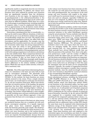 signiﬁcantly smaller in magnitude since the core electrons
are not treated explicitly. In addition, the valence wave
functions have been replaced by pseudo–wave functions
that are signiﬁcantly smoother than the all-electron
wave functions in the core region. An important feature
of pseudopotentials is the arbitrariness/freedom in the
deﬁnition of the pseudopotentials that can be used to opti-
mize them for different problems. While there are a num-
ber of advantages to pseudopotentials, including simplicity
of computer codes, it must be emphasized that they are
still an approximation to the all-electron result; further-
more, the large magnitude of the all-electron total energy
does not cause any inherent problems.
Generating a pseudopotential that is transferable, i.e.,
that can be used in many different situations, is both non-
trivial and an art; in an all-electron method, this question
of transferability simply does not exist. The details of the
pseudopotential generation scheme can affect both their
convergence and the applicability. For example, near the
beginning of the transition metal rows, the core cutoff radii
are of necessity rather large, but strong compound forma-
tion may cause the atoms to have particularly close
approaches. In such cases, it may be difﬁcult to internally
monitor the transferability of the pseudopotential, and one
is left with making comparisons to all-electron calculations
as the only reliable check. These comparisons between all-
electron and pseudopotential results need to be done on
the same systems. In fact, we have found in the Zr-Al
system (Alatalo et al., 1998) that seemingly small changes
in the construction of the pseudopotentials can cause qua-
litative differences in the relative stability of different
phases. While this case may be rather extreme, it does pro-
vide a cautionary note.
Basis Sets. One of the major factors determining the pre-
cision of a calculation is the basis set used, both its type
and its convergence properties. The physically most
appealing is the linear combination of atomic orbitals
(LCAOs). In this method, the basis functions are atomic
orbitals centered at the atoms. From a simple chemical
point of view, one would expect to need only nine functions
(1s, 3p, 5d) per transition metal atom. While such calcula-
tions give an intuitive picture of the bonding, the general
experience has been that signiﬁcantly more basis func-
tions per atom are needed, including higher l orbitals, in
order to describe the changes in the wave functions due
to bonding. One further related difﬁculty is that straight-
forwardly including more and more excited atomic orbitals
is generally not the most efﬁcient approach: it does not
guarantee that the basis set is converging at a reasonable
rate.
For systemic improvement of the basis set, plane waves
are wonderful because they are a complete set with well-
known convergence properties. It is equally important
that plane waves have analytical properties that
make the formulas generally quite simple. The disadvan-
tage is that, in order to describe the sharp structure in the
atomic core wave functions and in the nuclear-electron
Coulomb interaction, exceedingly large numbers of plane
waves are required. Pseudopotentials, because there are
no core electrons and the very small wavelength structures
in the valence wave functions have been removed, are ide-
ally suited for use with plane-wave basis sets. However,
even with pseudopotentials, the convergence of the total
energy and wave functions with respect to the plane-
wave cutoff must be monitored closely to ensure that the
basis sets used are adequate, especially if different sys-
tems are to be compared. In addition, the convergence of
the plane-wave energy cutoff may be rather slow, depend-
ing on both the particular atoms and the form of the pseu-
dopotential used.
To treat the all-electron problem, another class of meth-
ods besides the LCAOs is used. In the augmented methods,
the basis functions around a nucleus are given in terms of
numerical solutions to the radial Schro¨dinger equation
using the actual potential. Various methods exist that dif-
fer in the form of the functions to be matched to in the
interstitial region: plane waves [e.g., various augmented
plane wave (APW) and linear APW (LAPW) methods],
rÀl
(LMTOs), Slater-type orbitals (LASTOs), and Bessel/
Hankel functions (KKR-type). The advantage of these
methods is that in the core region where the wave func-
tions are changing rapidly, the correct functions are
used, ensuring that, e.g., cusp conditions are satisﬁed.
These methods have several different cutoffs that can
affect the precision of the methods. First, there is the sphe-
rical partial-wave cutoff l and the number of different
functions inside the sphere that are used for each l. Sec-
ond, the choice and number of tail functions are important.
The tail functions should be ﬂexible enough to describe the
shape of the actual wave functions in that region. Again,
plane waves (tails) have an advantage in that they span
the interstitial well and the basis can be systematically
improved. Typically, the number of augmented functions
needed to achieve convergence is smaller than in pseudo-
potential methods, since the small-wavelength structure
in the wave functions is described by numerical solutions
to the corresponding Schro¨dinger equation.
The authors of this unit have employed a number of dif-
ferent calculational schemes, including the full-potential
LAPW (FLAPW) (Wimmer et al., 1981; Weinert et al.,
1982) and LASTO (Fernando et al., 1989) methods. The
LASTO method, which uses Slater-type orbitals (STOs)
as tail functions in the interstitial region, has been used
to estimate heats of formation of transition metal alloys
in a diverse set of well-packed and ill-packed compound
crystal structures. Using a single s-, p-, and d-like set of
STOs is inadequate for any serious estimate of compound
heats of formation. Generally, 2s, 2p, 2d, and an f-like STO
were employed for a transition metal element when
searching for the compound’s optimum lattice volume, c/a,
b/a, and any internal atomic coordinates not controlled
by symmetry. Once this was done, a ﬁnal calculation was
performed with an additional d plus a g-like STO (clearly
the same basis must be employed when determining the
reference energy of the elemental metal). Usually, the
effect on the calculated heat of formation was measurably
 0.01 eV/atom, but occasionally this difference was
larger. These basis functions were only employed in the
interstitial region, but nevertheless any claim of a compu-
tational precision of, say, 0.01 eV/atom required a substan-
tial basis for such metallic transition metal compounds.
142 COMPUTATION AND THEORETICAL METHODS
 